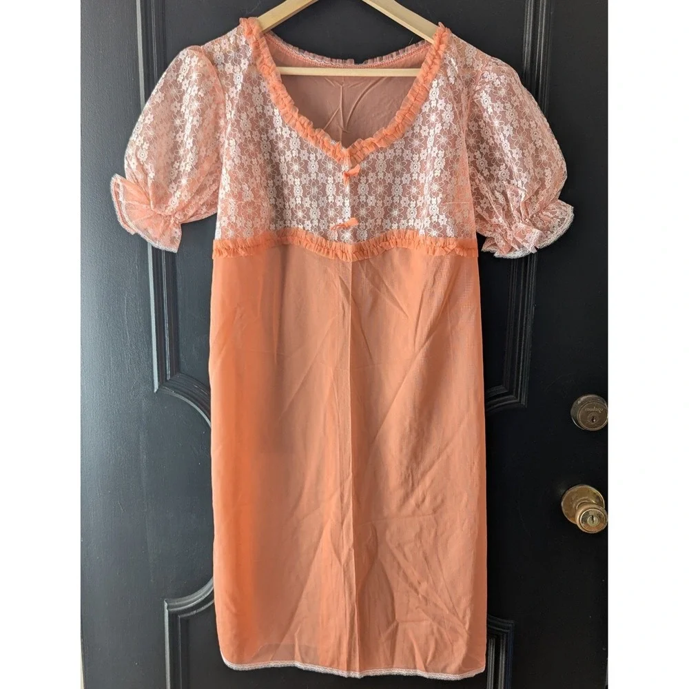 VTG 70s Sternkreuz Peach Lace Puff Sleeve Nightgown Slip Dress Coquette‎ Prairie
